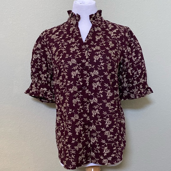 NWT Ann Taylor Embroidered Ruffle Button Top XS - Picture 2 of 6